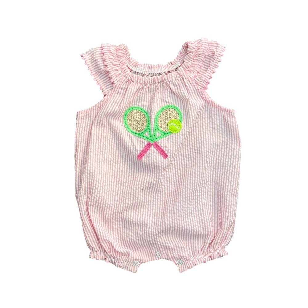 Mudpie Seersucker Tennis Baby Romper 3-6 Months Pink White Stripes Preppy Summer
